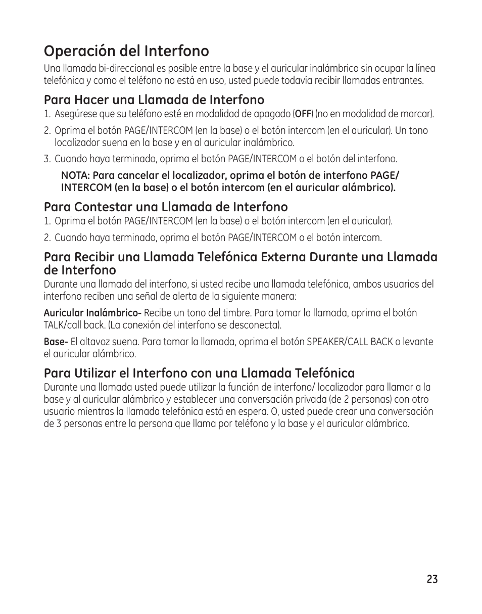 Operación del interfono, Para hacer una llamada de interfono, Para contestar una llamada de interfono | GE 00009246 User Manual | Page 71 / 96