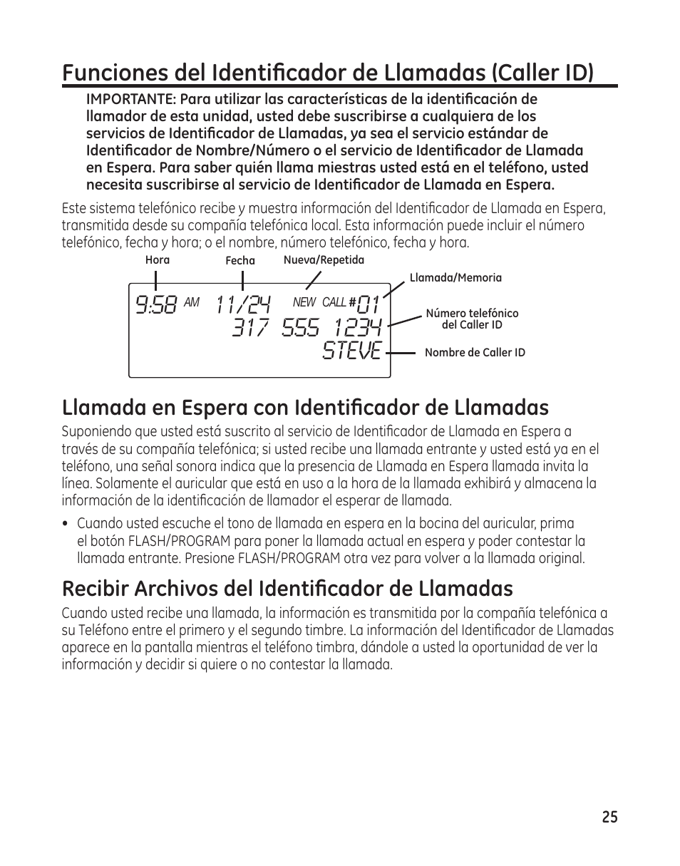 Llamada en espera con identificador de llamadas, Recibir archivos del identificador de llamadas | GE 00009246 User Manual | Page 73 / 96