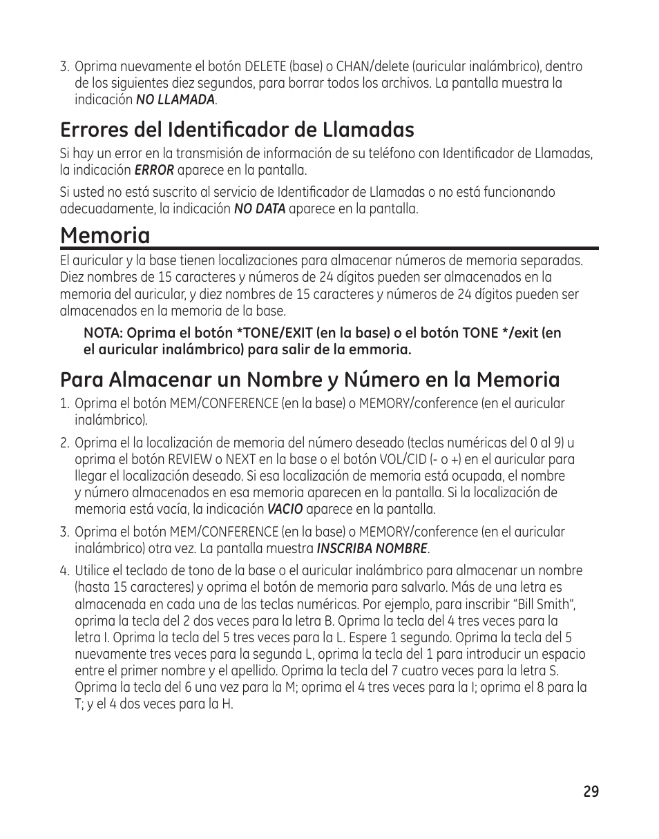 Errores del identificador de llamadas | GE 00009246 User Manual | Page 77 / 96