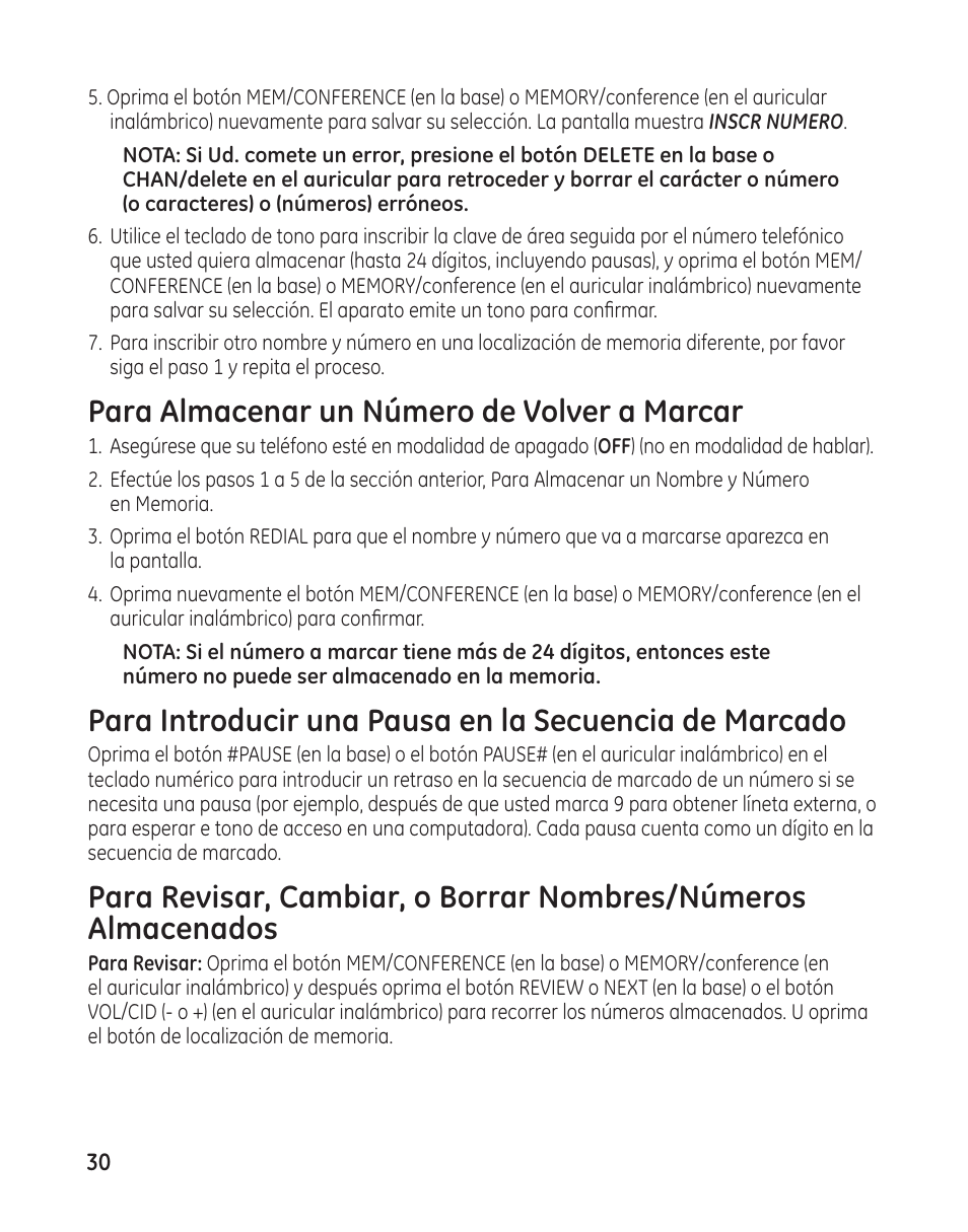 Para almacenar un número de volver a marcar | GE 00009246 User Manual | Page 78 / 96