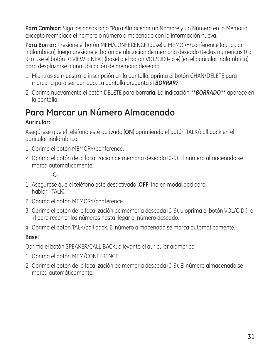 Para marcar un número almacenado | GE 00009246 User Manual | Page 79 / 96