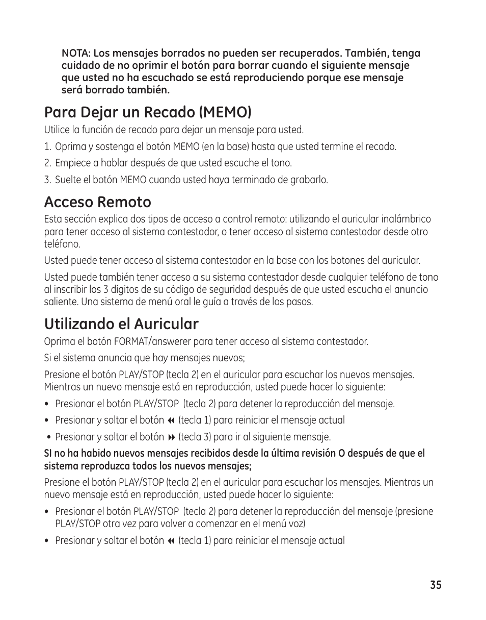 Acceso remoto, Utilizando el auricular | GE 00009246 User Manual | Page 83 / 96