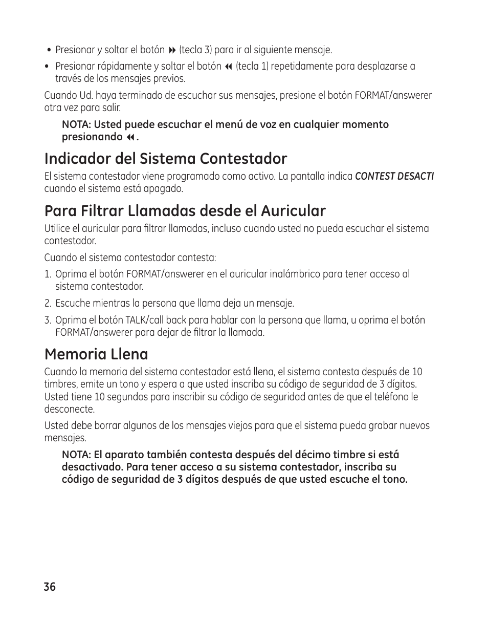 Indicador del sistema contestador, Para filtrar llamadas desde el auricular | GE 00009246 User Manual | Page 84 / 96