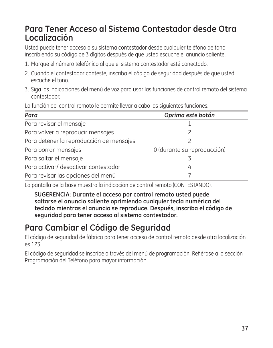 Para cambiar el código de seguridad | GE 00009246 User Manual | Page 85 / 96