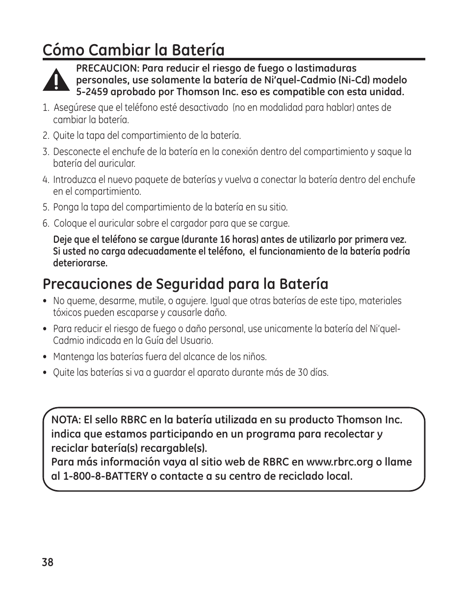 Cómo cambiar la batería, Precauciones de seguridad para la batería | GE 00009246 User Manual | Page 86 / 96