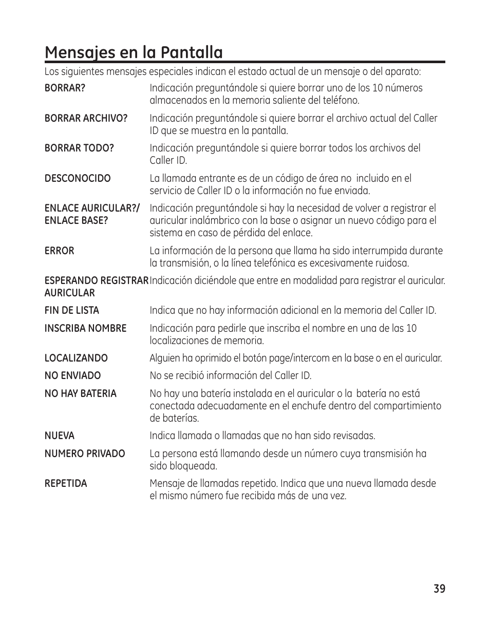 Mensajes en la pantalla | GE 00009246 User Manual | Page 87 / 96