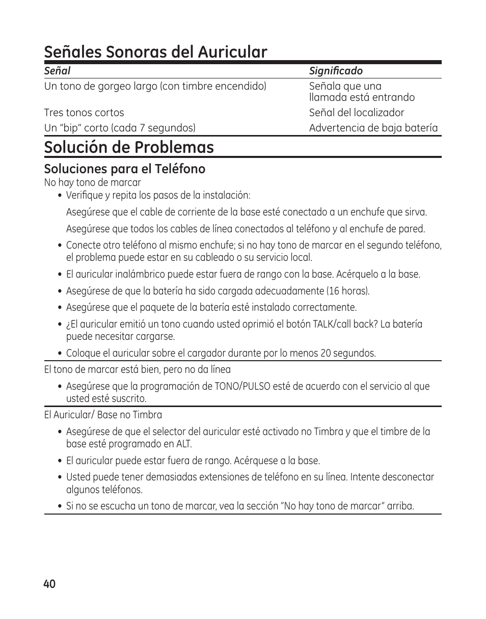 Señales sonoras del auricular, Solución de problemas, Soluciones para el teléfono | GE 00009246 User Manual | Page 88 / 96