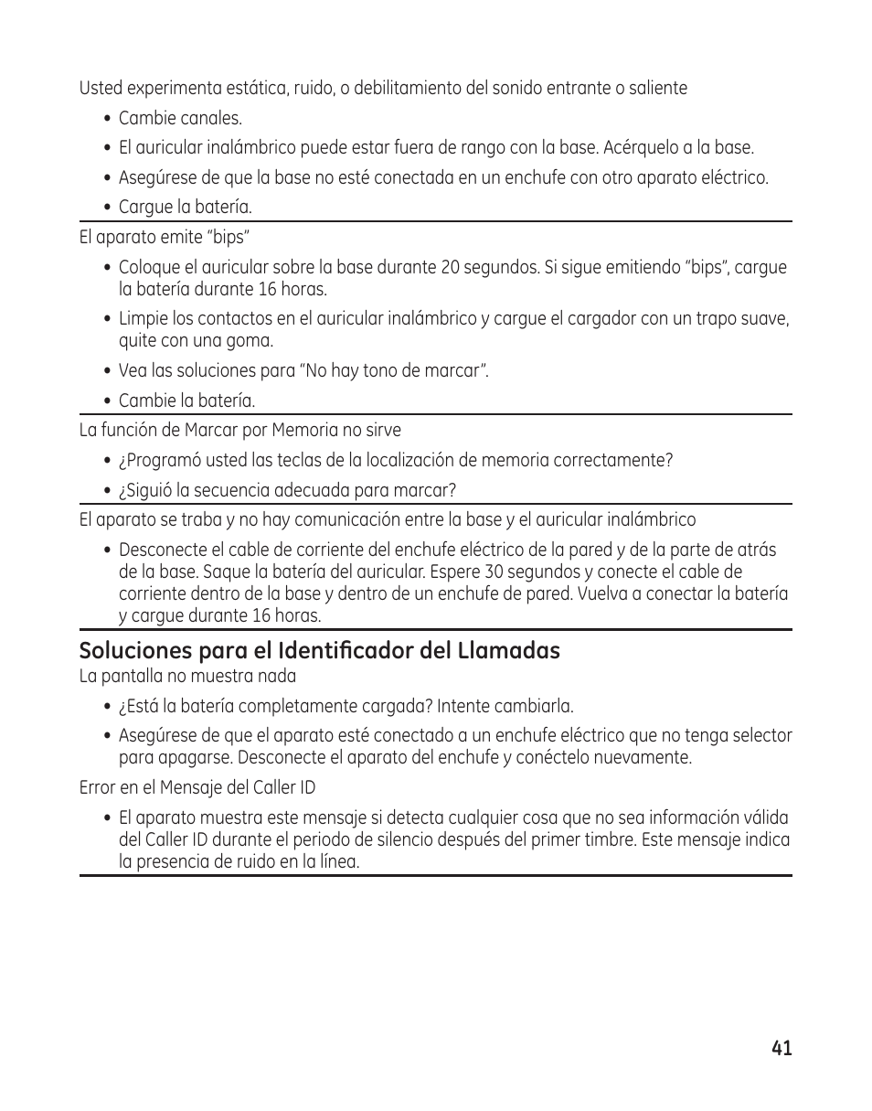 Soluciones para el identificador del llamadas | GE 00009246 User Manual | Page 89 / 96
