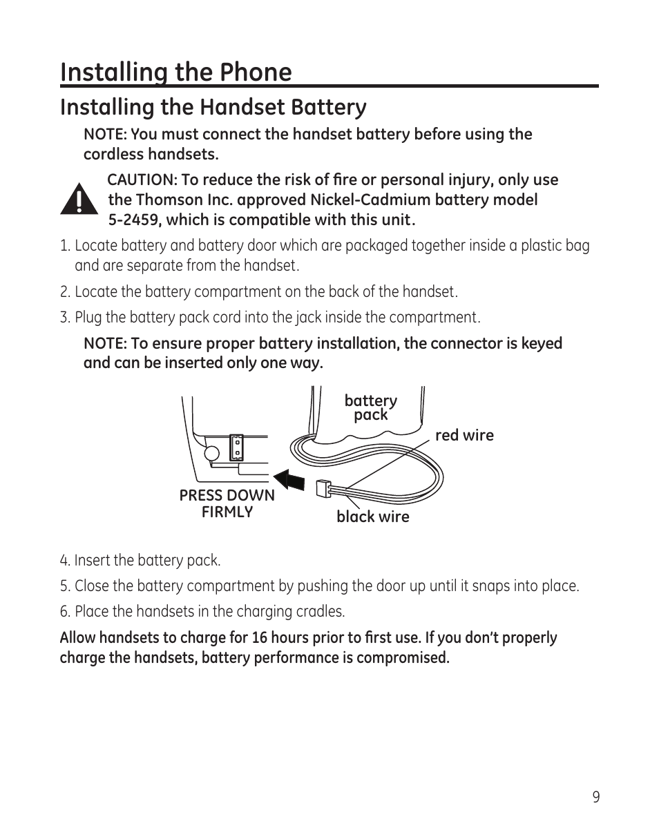 Installing the phone, Installing the handset battery | GE 00009246 User Manual | Page 9 / 96