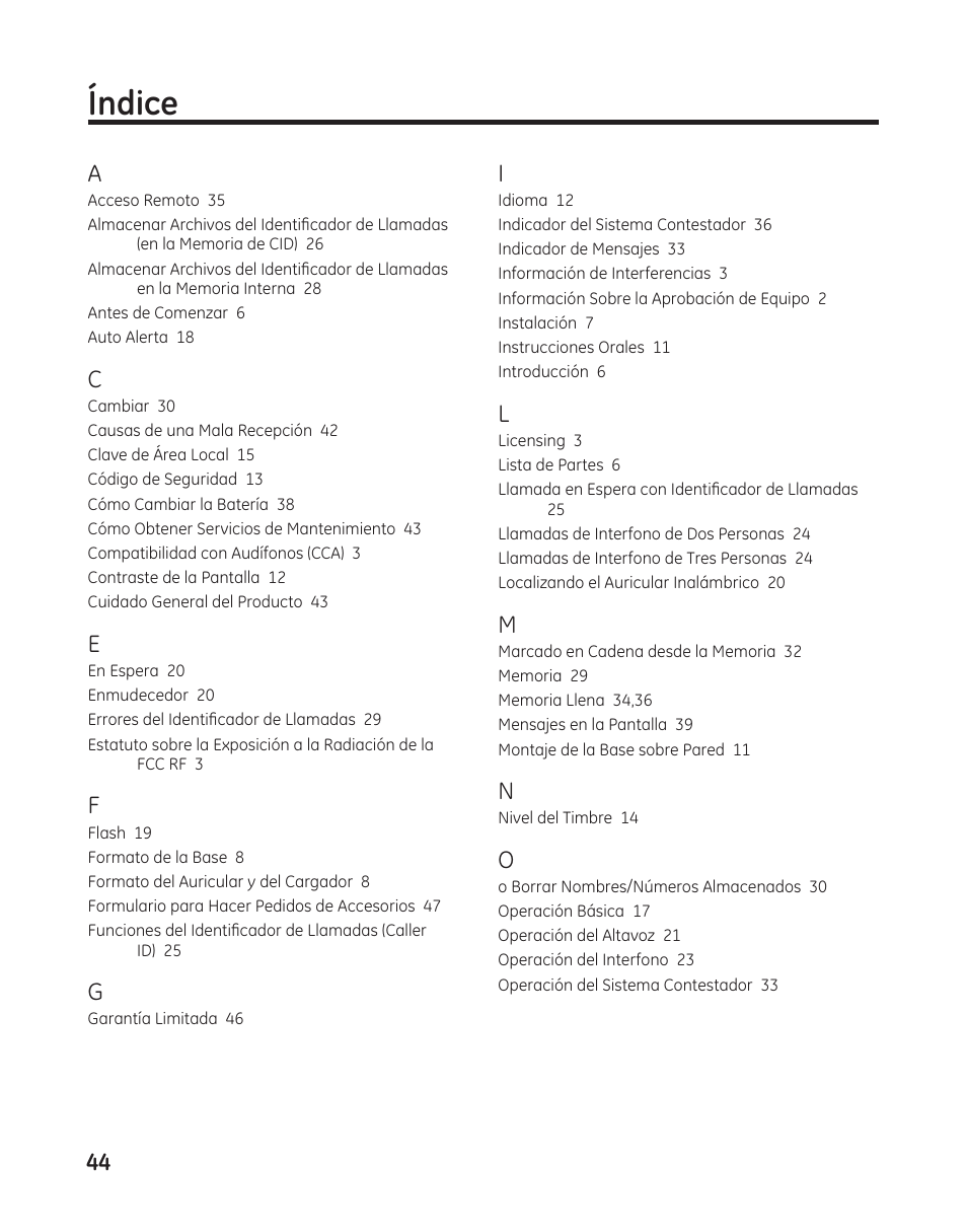 Índice | GE 00009246 User Manual | Page 92 / 96