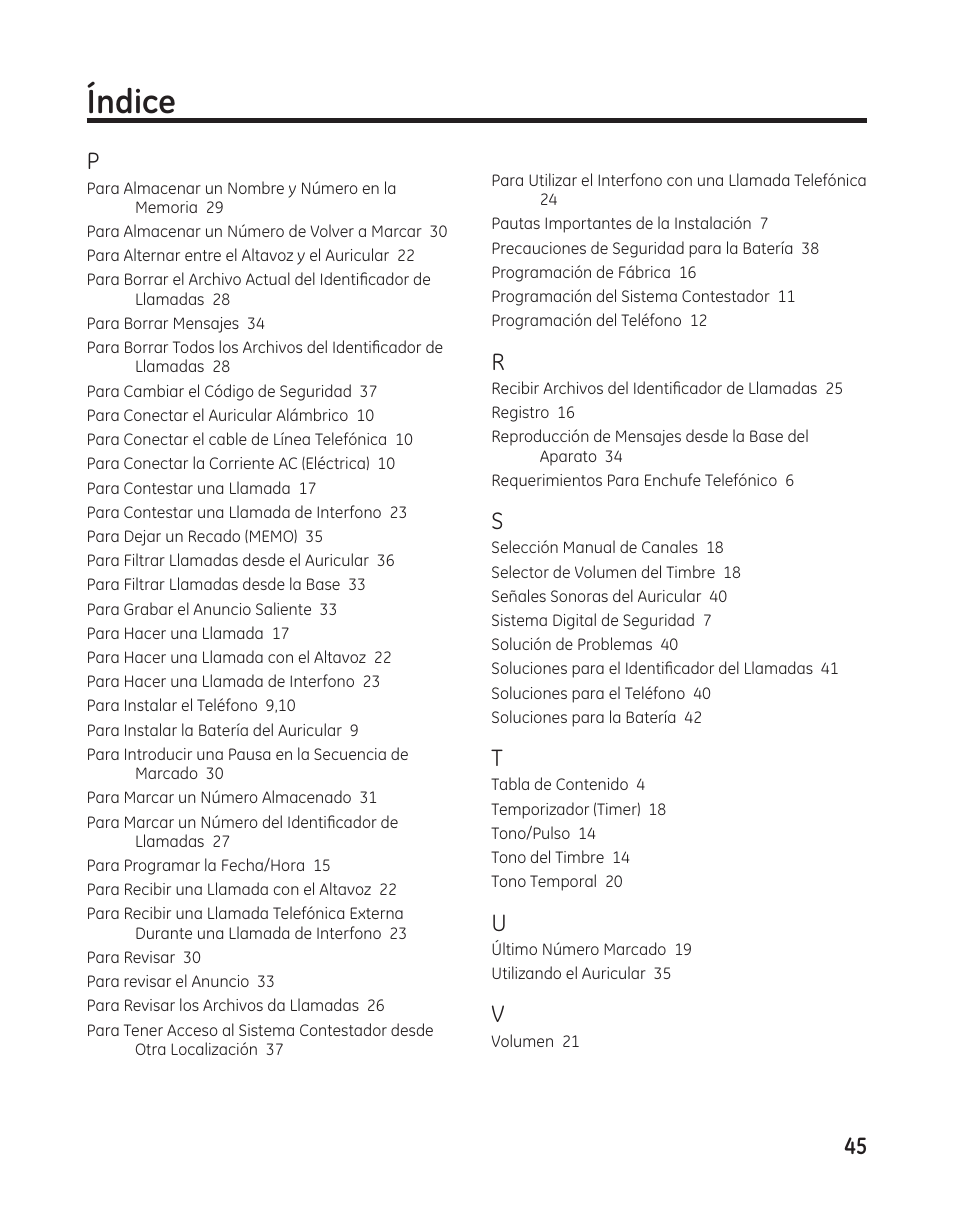 Índice, 4 p | GE 00009246 User Manual | Page 93 / 96
