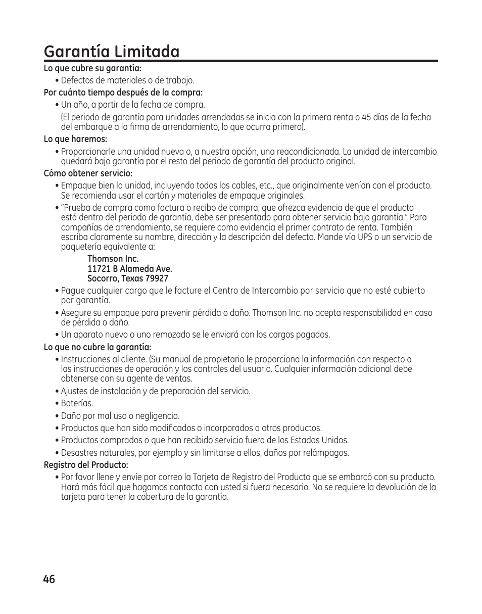 Garantía limitada | GE 00009246 User Manual | Page 94 / 96