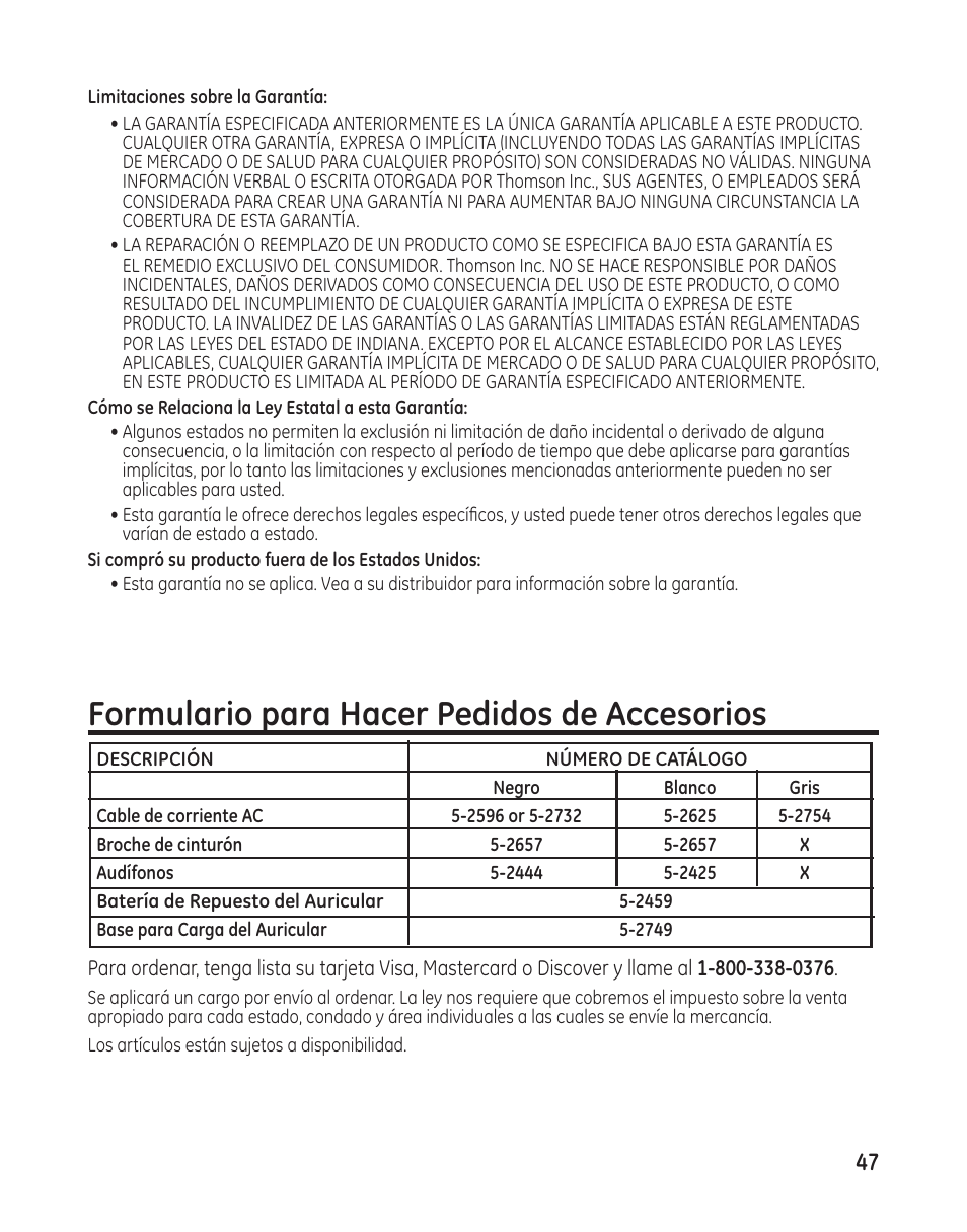 Formulario para hacer pedidos de accesorios | GE 00009246 User Manual | Page 95 / 96