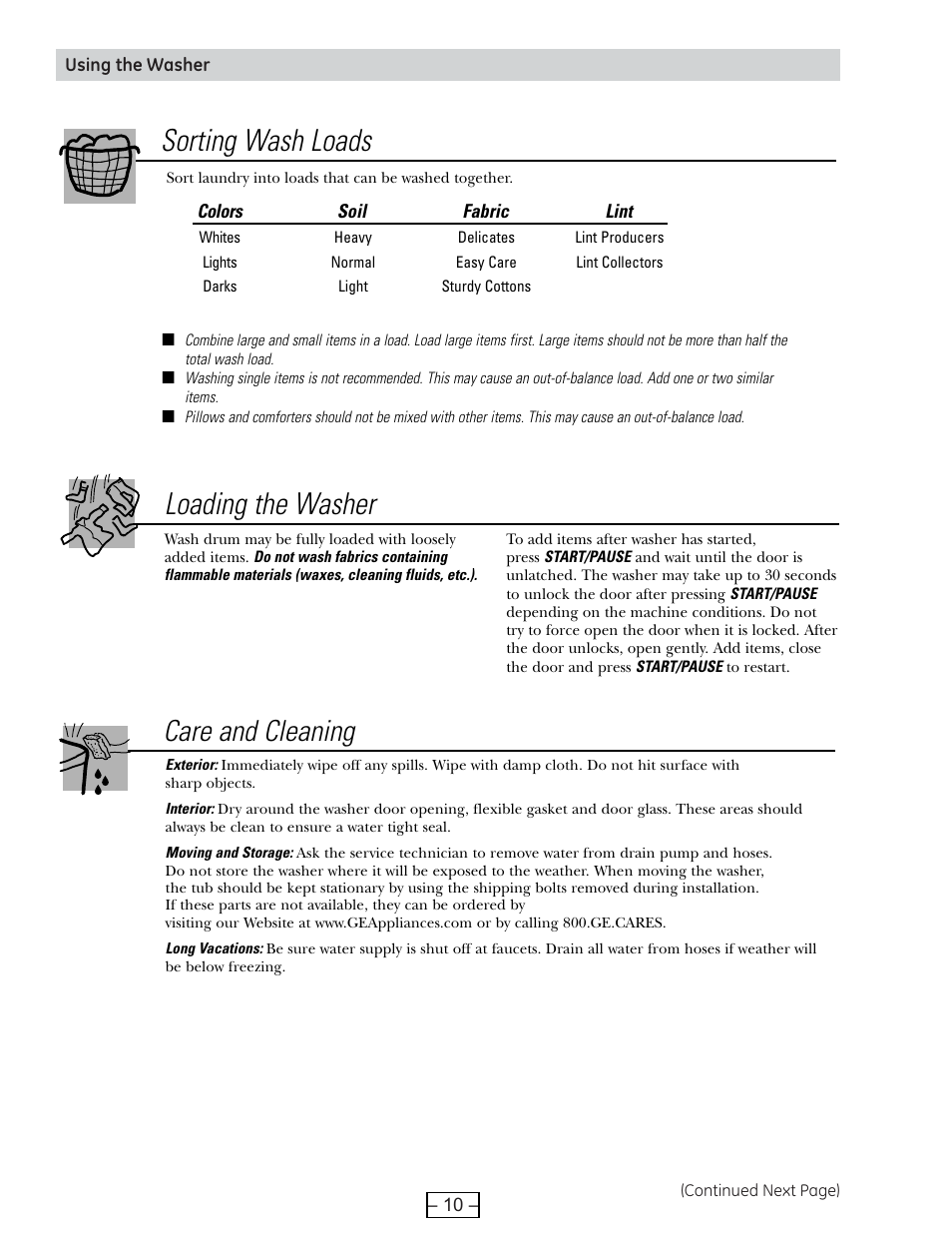 Using the washer, Sorting wash loads loading the washer, Care and cleaning | GE WBVH6240 User Manual | Page 10 / 61
