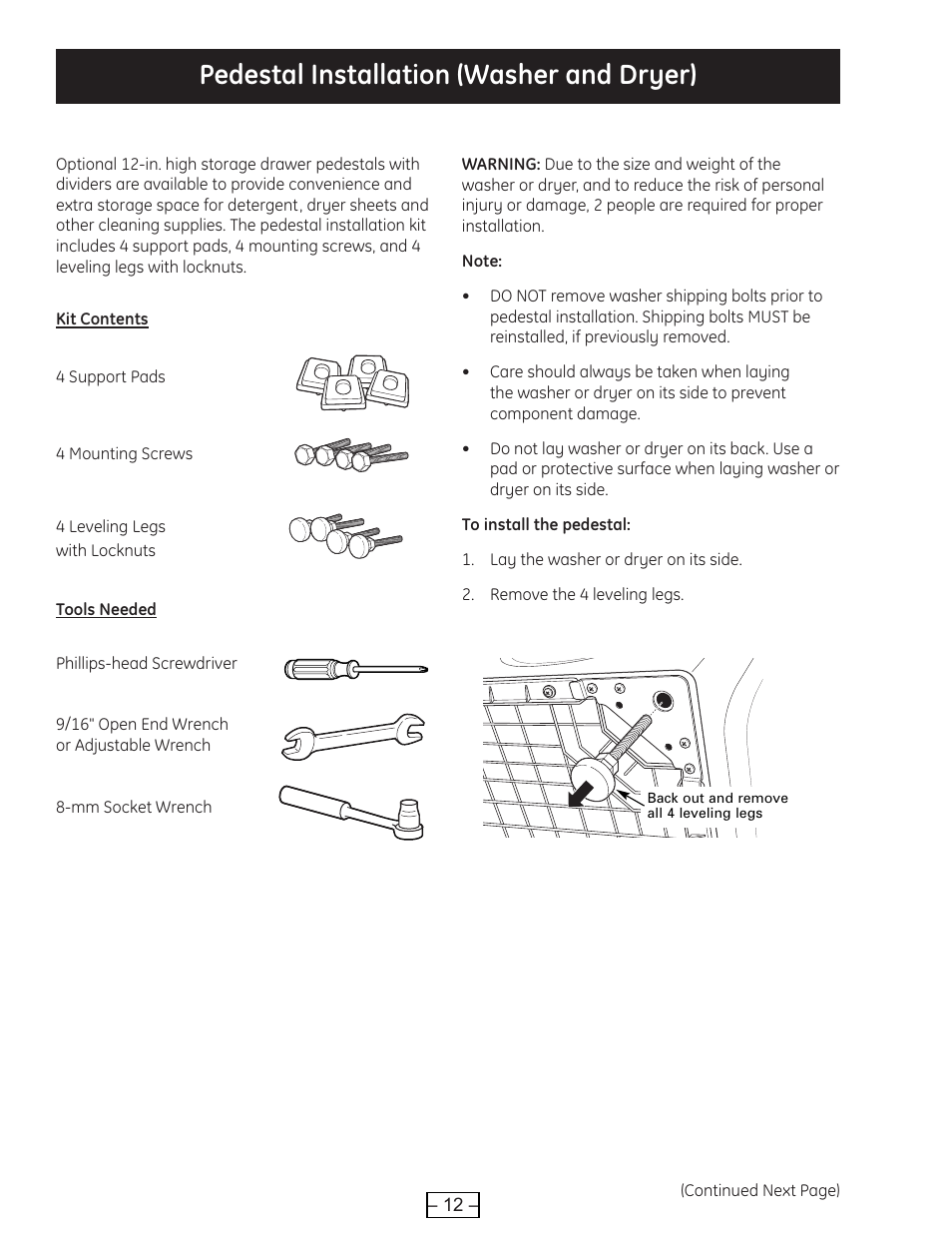 Pedestal installation (washer and dryer) | GE WBVH6240 User Manual | Page 12 / 61