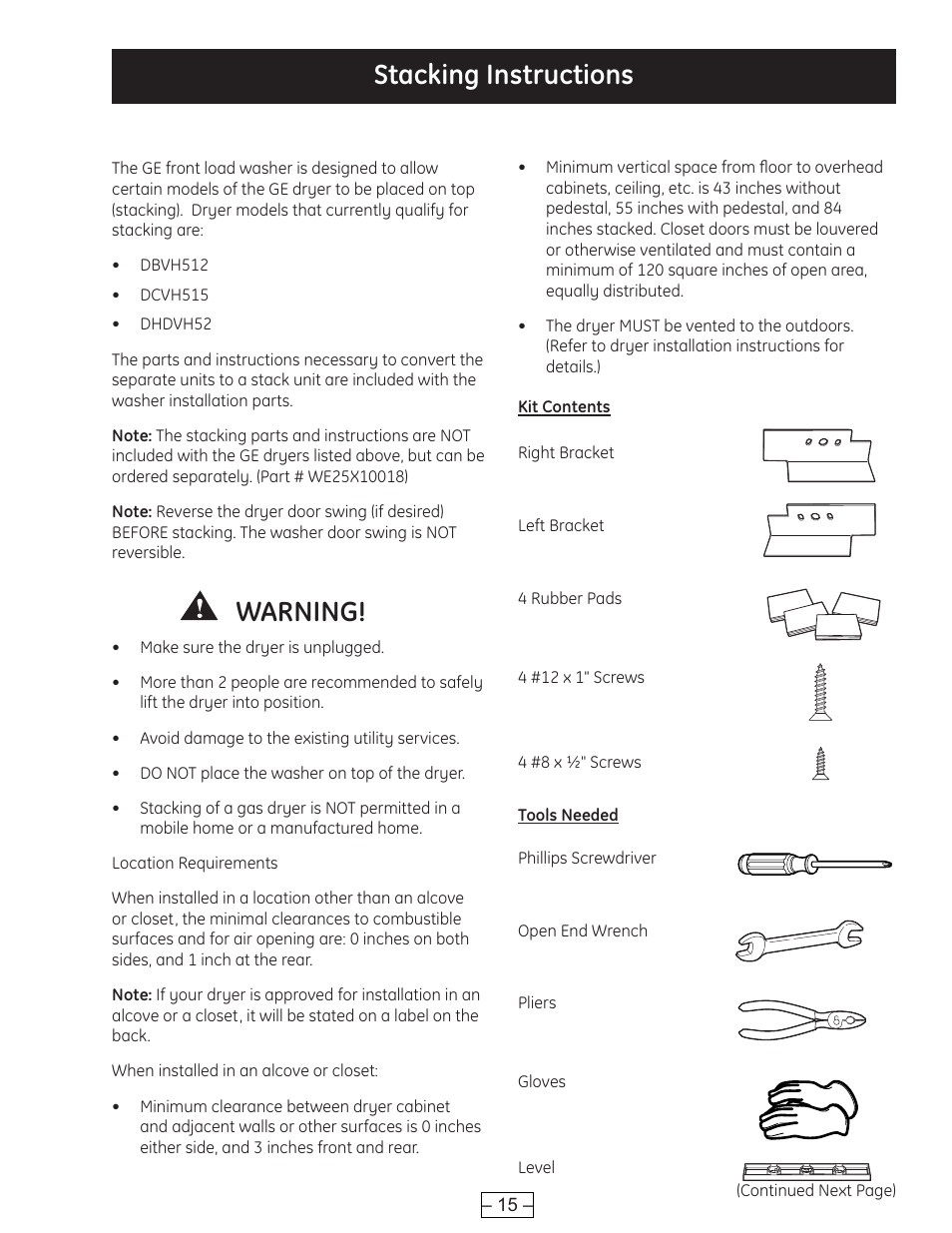 Stacking instructions, Warning | GE WBVH6240 User Manual | Page 15 / 61