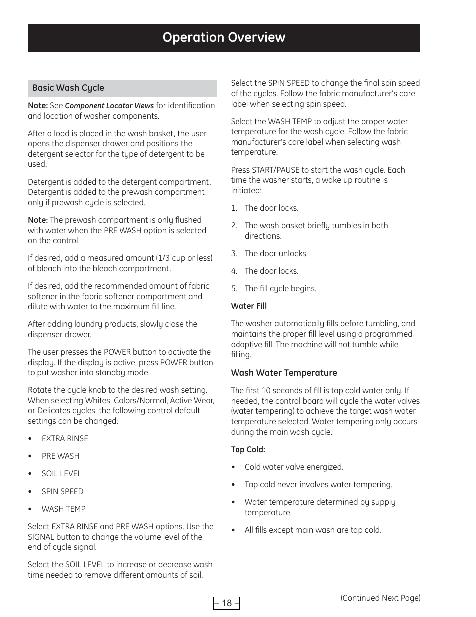 Basic wash cycle, Operation overview | GE WBVH6240 User Manual | Page 18 / 61