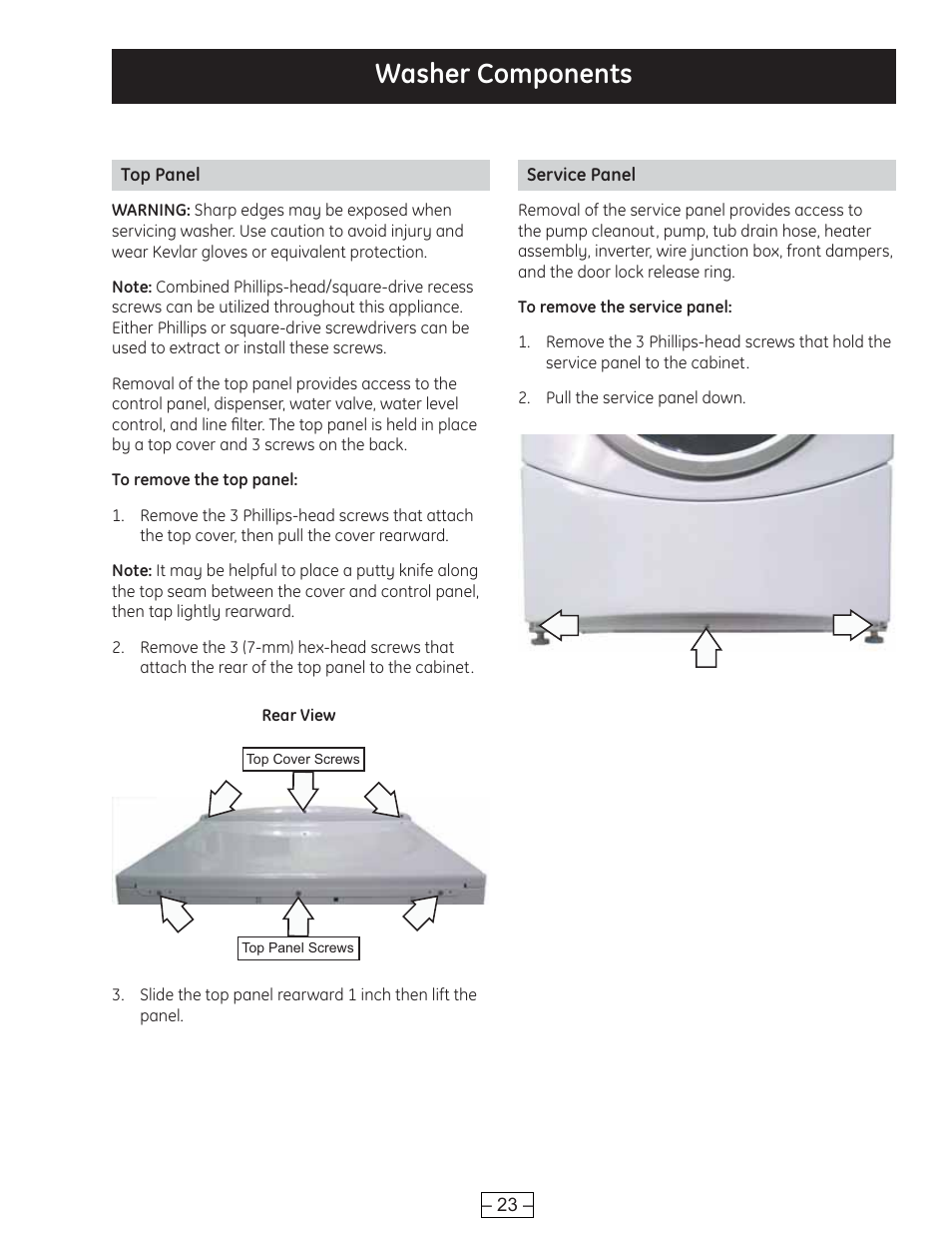 Service panel, Top panel, Washer components | GE WBVH6240 User Manual | Page 23 / 61