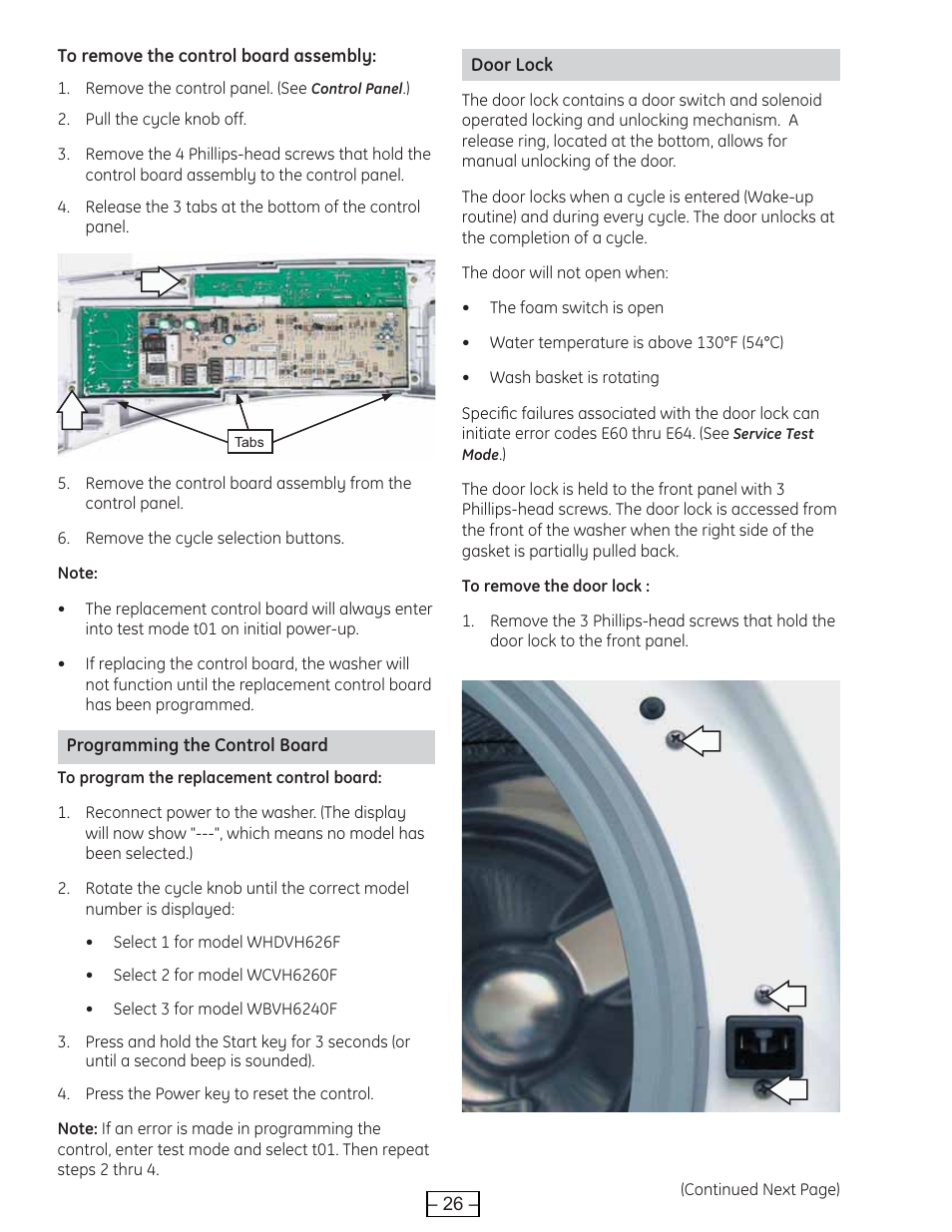 Door lock, Programming the control board | GE WBVH6240 User Manual | Page 26 / 61