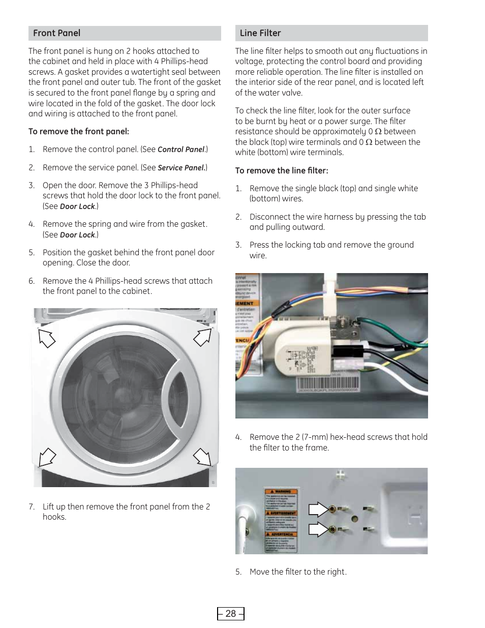 Front panel, Line filter | GE WBVH6240 User Manual | Page 28 / 61