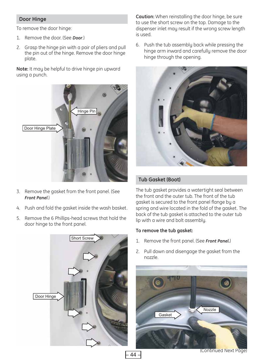 Door hinge, Tub gasket (boot) | GE WBVH6240 User Manual | Page 44 / 61