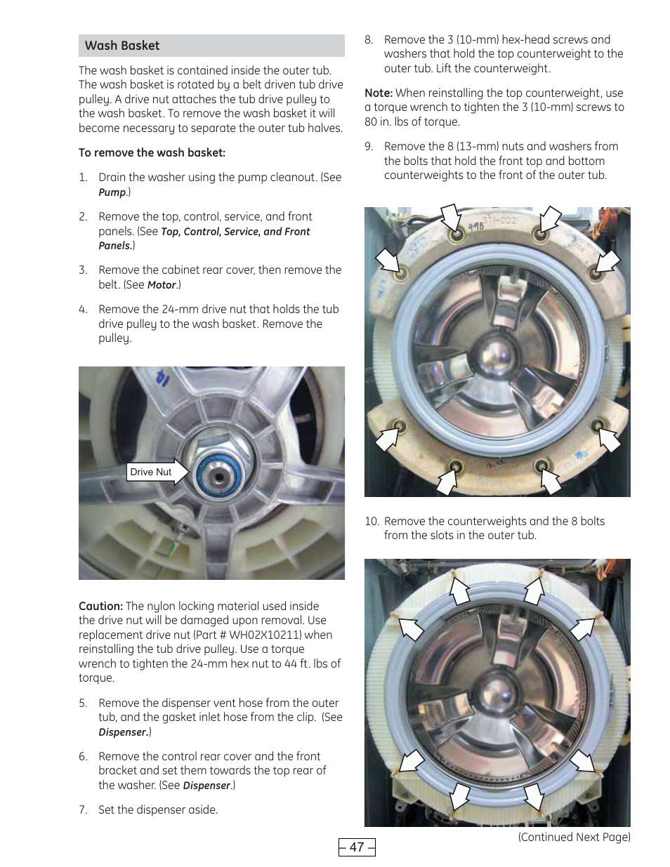 Wash basket | GE WBVH6240 User Manual | Page 47 / 61