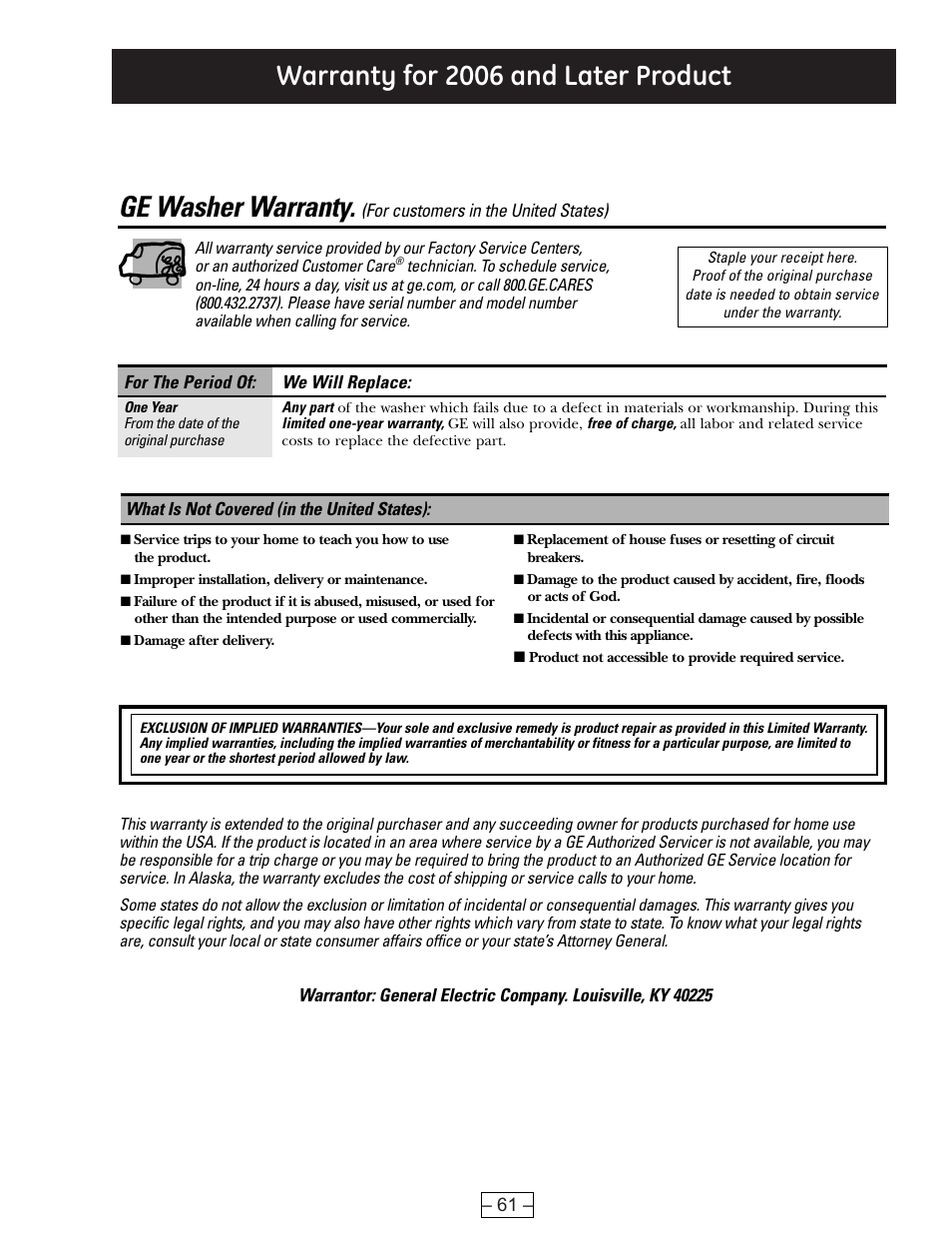 Warranty for 2006 and later product, Ge washer warranty | GE WBVH6240 User Manual | Page 61 / 61