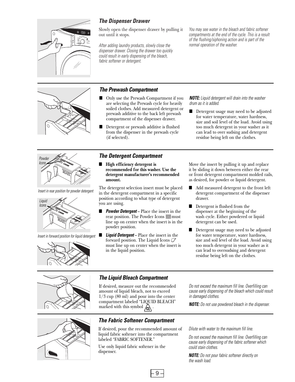 The dispenser drawer, The liquid bleach compartment, The fabric softener compartment | The detergent compartment, The prewash compartment | GE WBVH6240 User Manual | Page 9 / 61
