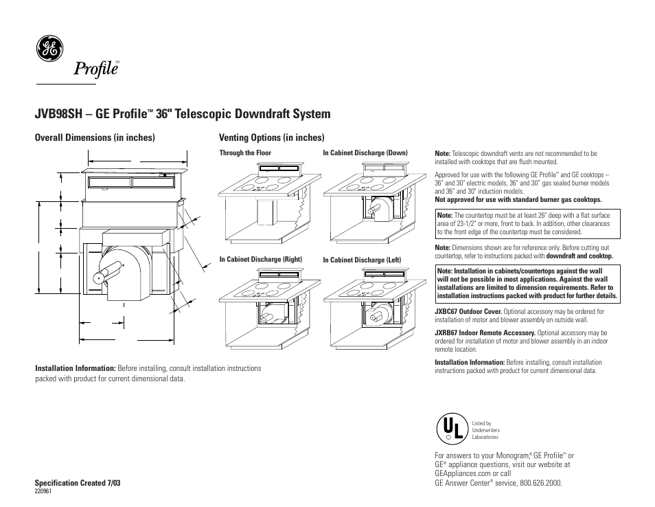 GE JVB98SH User Manual | 3 pages