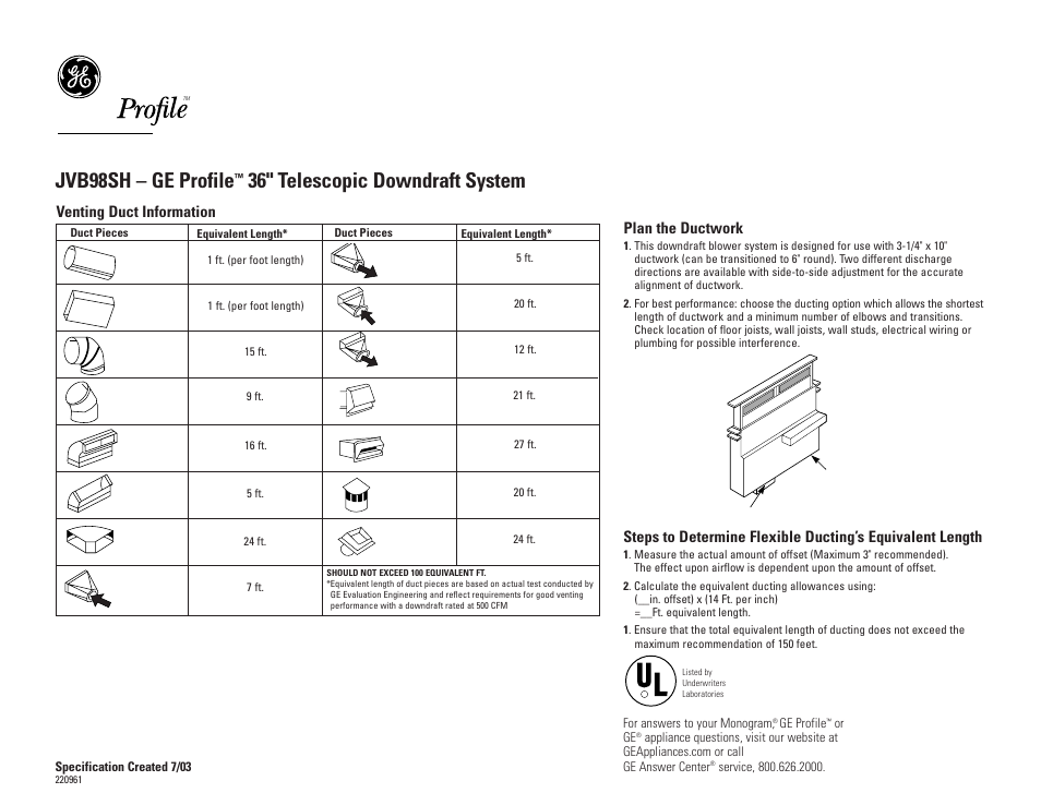 Jvb98sh – ge profile, 36" telescopic downdraft system, Venting duct information plan the ductwork | GE JVB98SH User Manual | Page 2 / 3