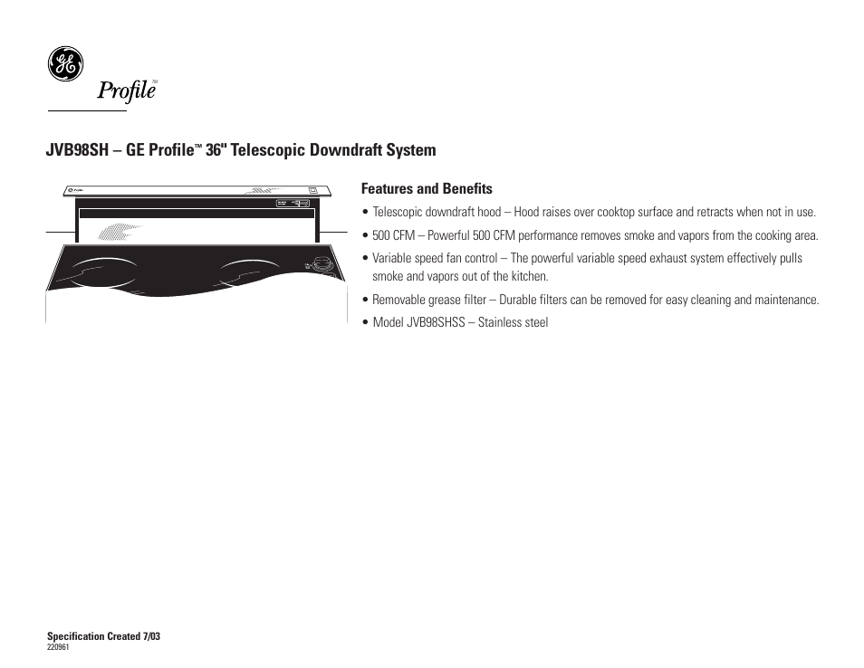 Jvb98sh – ge profile, 36" telescopic downdraft system, Features and benefits | GE JVB98SH User Manual | Page 3 / 3