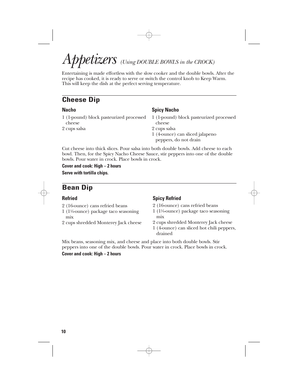 Appetizers, Cheese dip, Bean dip | GE 840085800 User Manual | Page 10 / 48