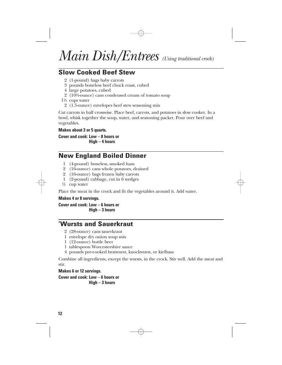 Main dish/entrees, Slow cooked beef stew, New england boiled dinner | Wursts and sauerkraut | GE 840085800 User Manual | Page 12 / 48