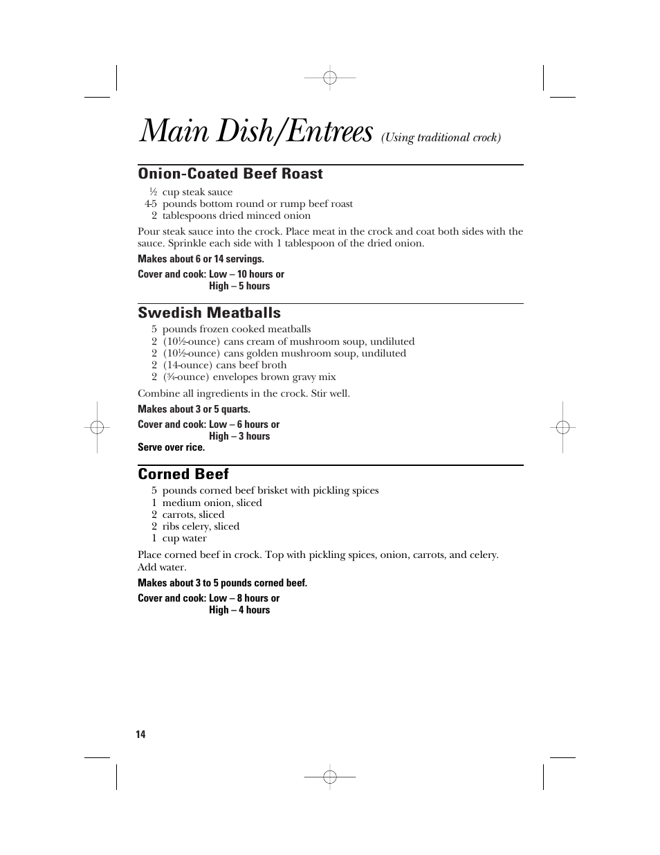 Main dish/entrees, Onion-coated beef roast, Swedish meatballs | Corned beef | GE 840085800 User Manual | Page 14 / 48