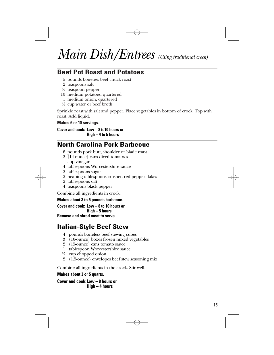 Main dish/entrees, Beef pot roast and potatoes, North carolina pork barbecue | Italian-style beef stew | GE 840085800 User Manual | Page 15 / 48