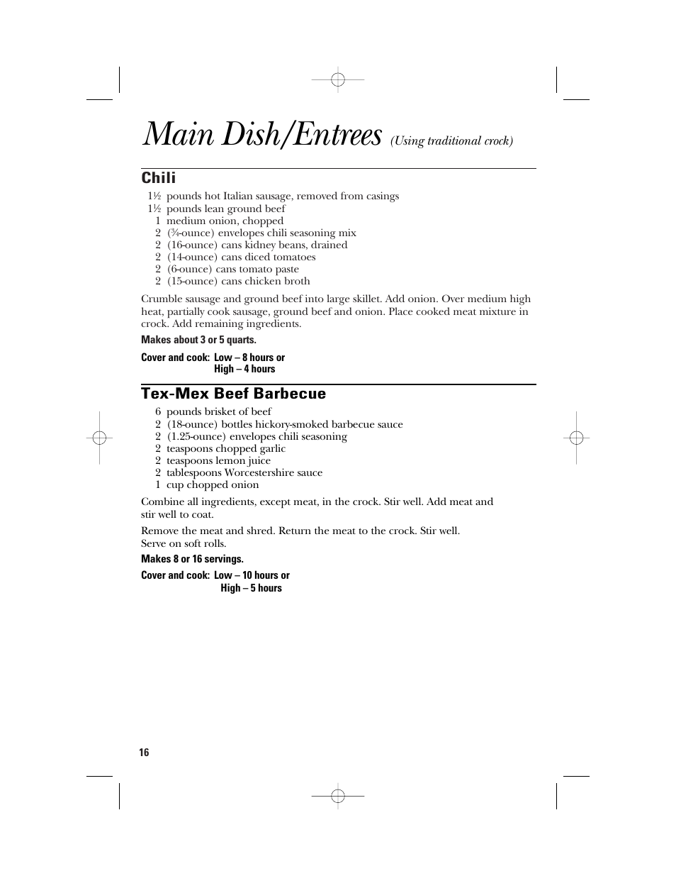 Main dish/entrees, Chili, Tex-mex beef barbecue | GE 840085800 User Manual | Page 16 / 48