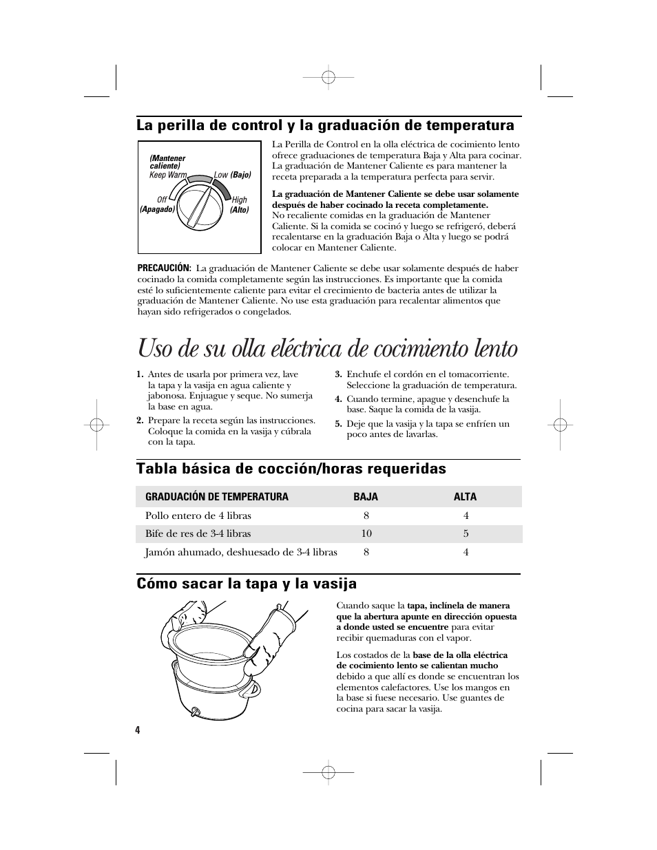 Uso de su olla eléctrica de cocimiento lento, Tabla básica de cocción/horas requeridas, Cómo sacar la tapa y la vasija | GE 840085800 User Manual | Page 28 / 48