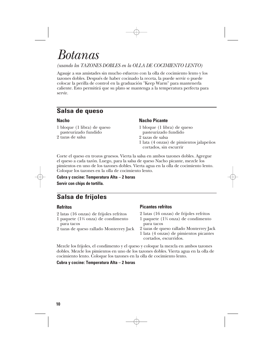 Botanas, Salsa de queso, Salsa de frijoles | GE 840085800 User Manual | Page 34 / 48