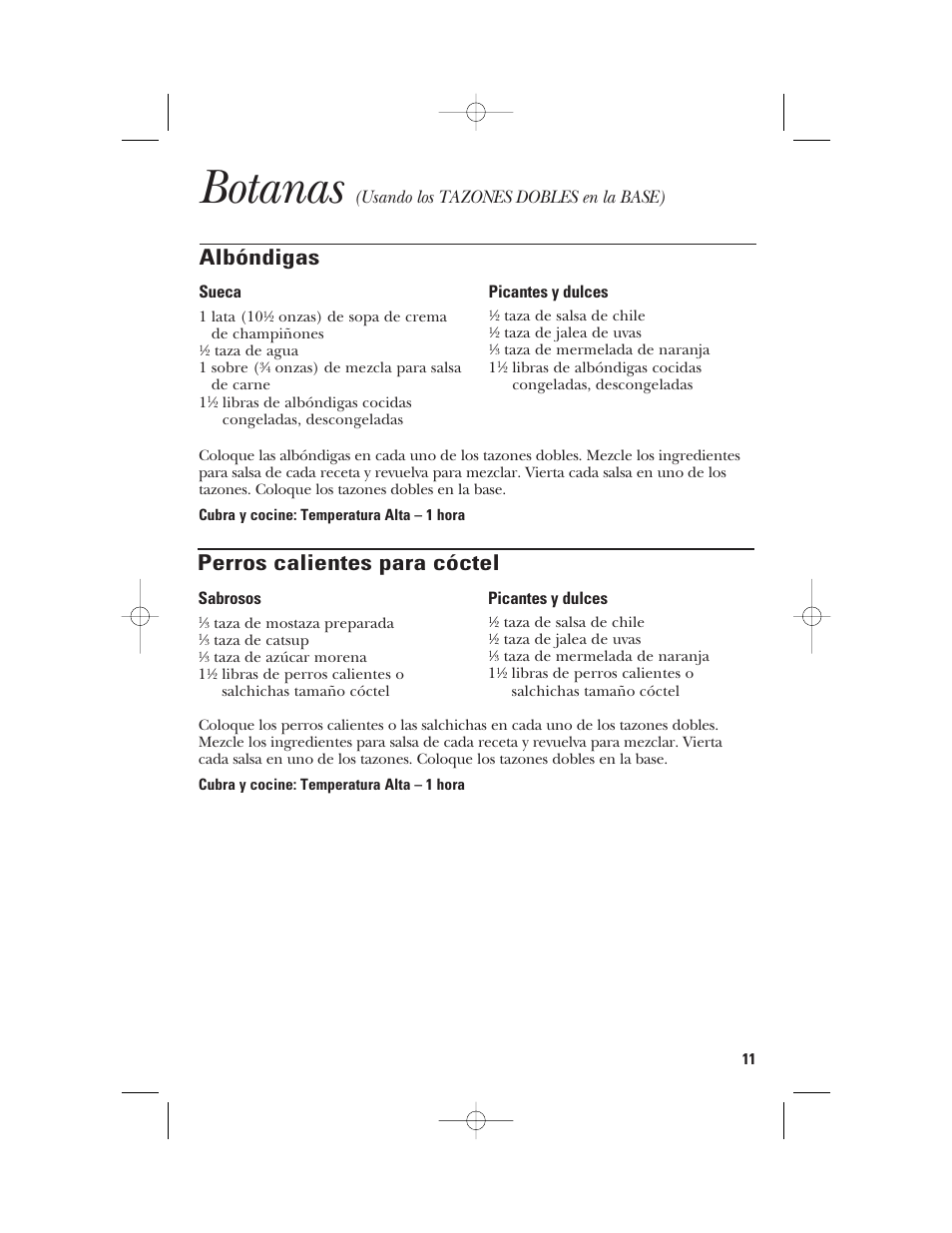 Botanas, Albóndigas, Perros calientes para cóctel | Usando los tazones dobles en la base), Sueca, Picantes y dulces, Sabrosos | GE 840085800 User Manual | Page 35 / 48