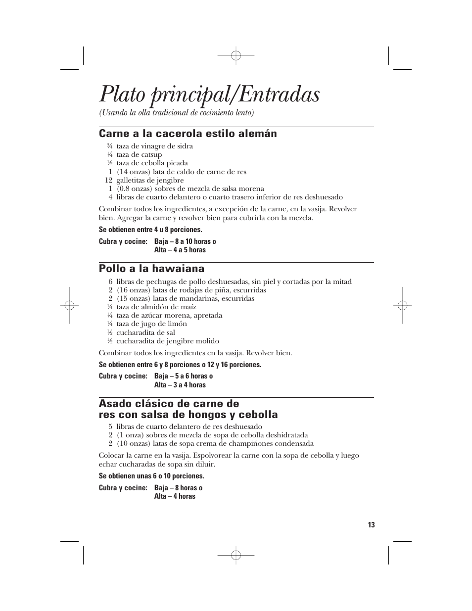 Plato principal/entradas, Carne a la cacerola estilo alemán, Pollo a la hawaiana | Usando la olla tradicional de cocimiento lento) | GE 840085800 User Manual | Page 37 / 48