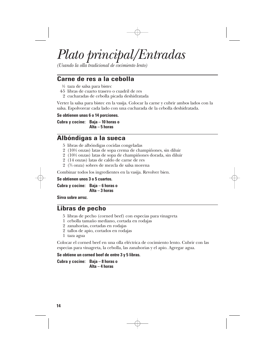 Plato principal/entradas, Carne de res a la cebolla, Albóndigas a la sueca | Libras de pecho | GE 840085800 User Manual | Page 38 / 48