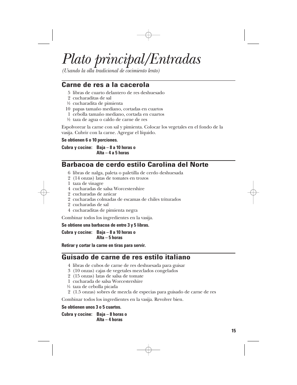 Plato principal/entradas, Carne de res a la cacerola, Barbacoa de cerdo estilo carolina del norte | Guisado de carne de res estilo italiano | GE 840085800 User Manual | Page 39 / 48