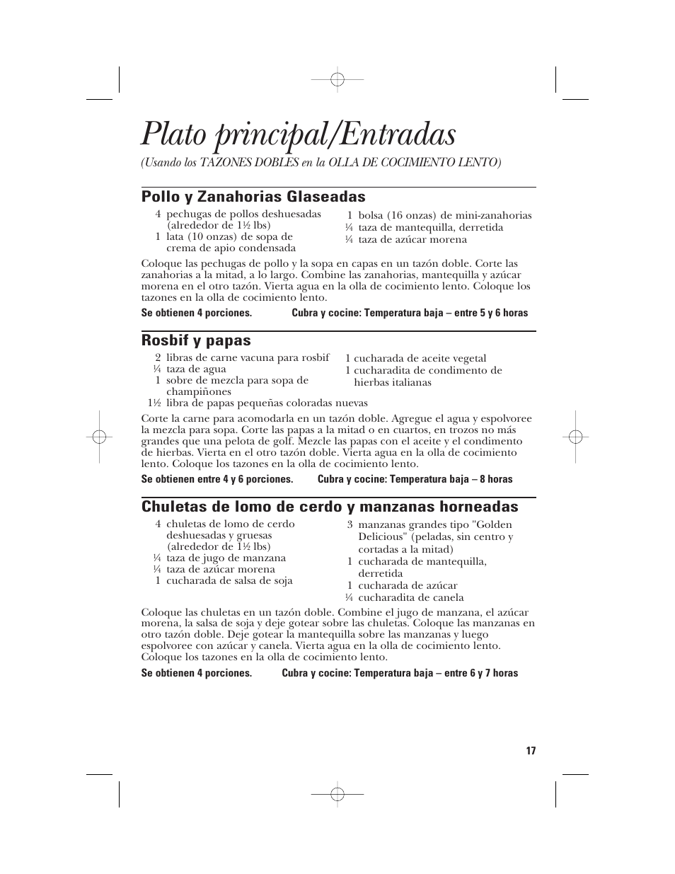 Plato principal/entradas, Pollo y zanahorias glaseadas, Rosbif y papas | Chuletas de lomo de cerdo y manzanas horneadas | GE 840085800 User Manual | Page 41 / 48