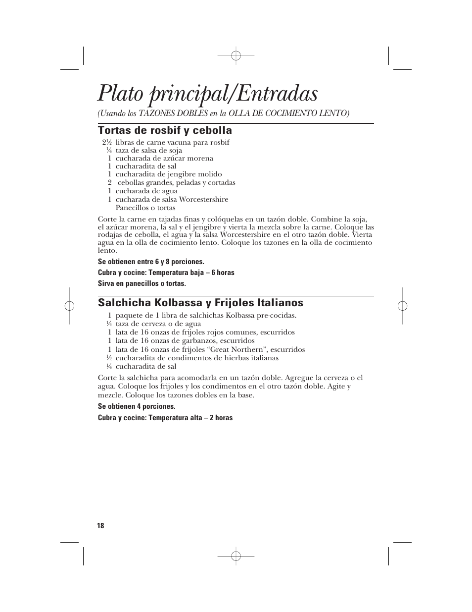 Plato principal/entradas, Tortas de rosbif y cebolla, Salchicha kolbassa y frijoles italianos | GE 840085800 User Manual | Page 42 / 48