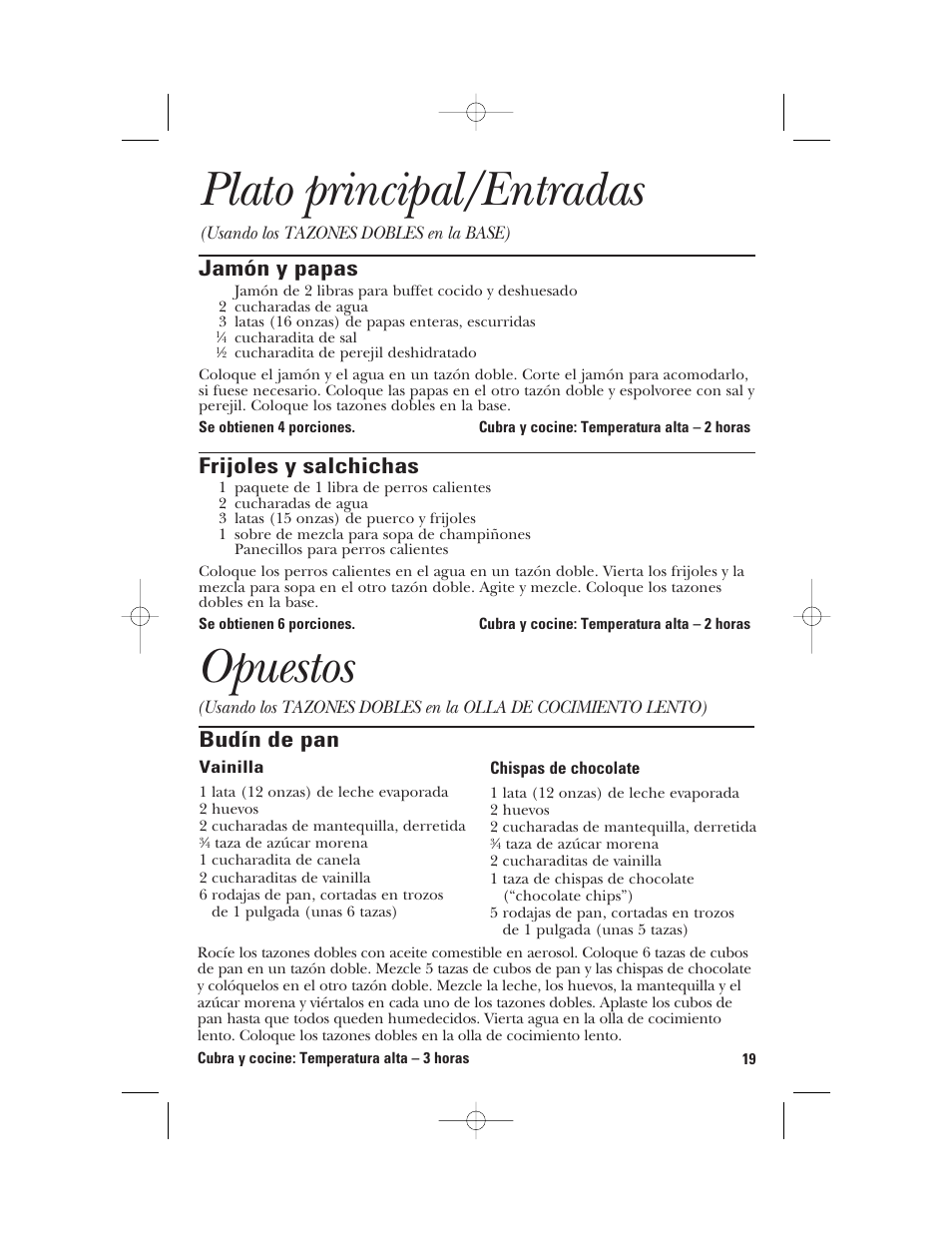 Plato principal/entradas, Opuestos, Jamón y papas | Frijoles y salchichas, Budín de pan | GE 840085800 User Manual | Page 43 / 48