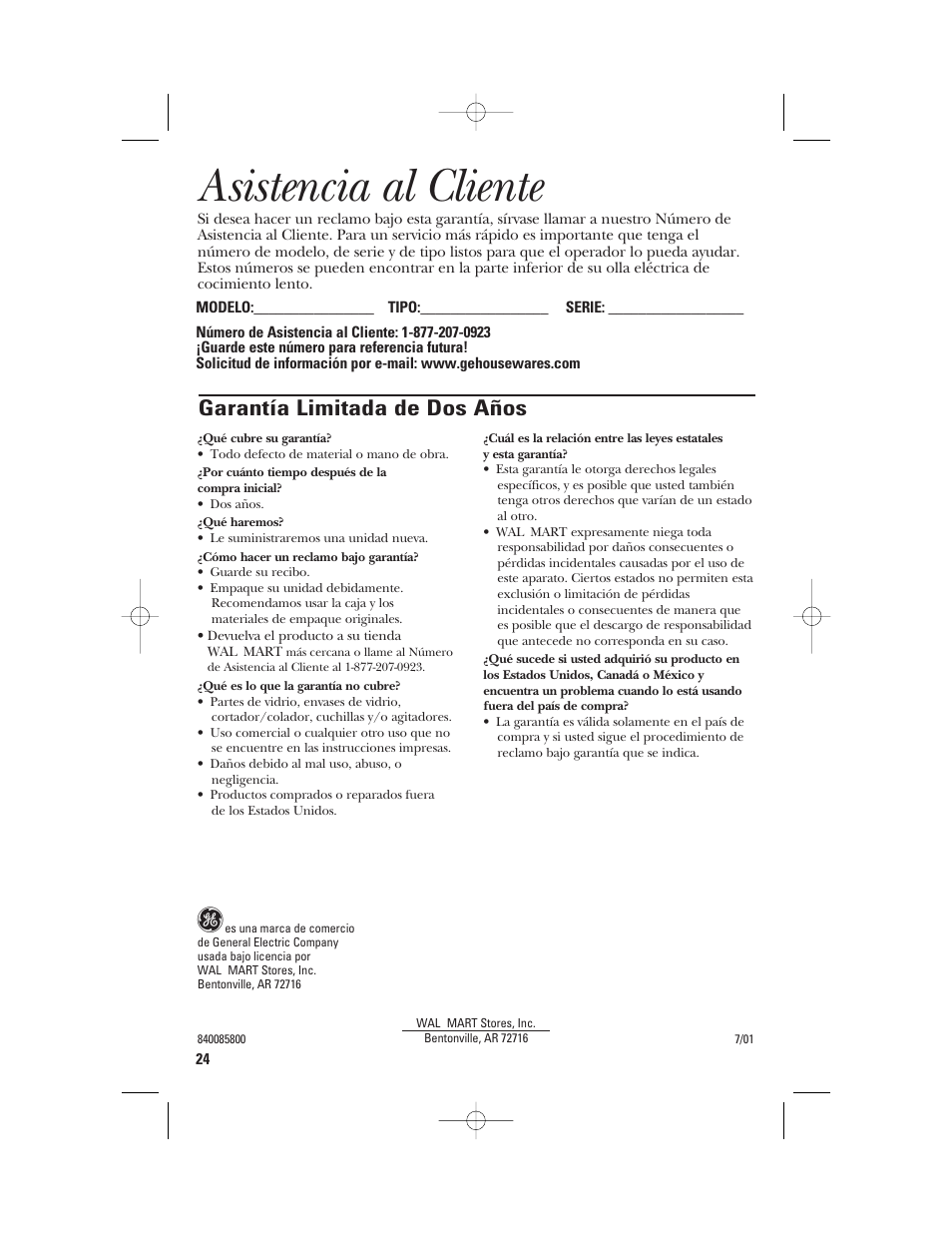 Asistencia al cliente, Garantía limitada de dos años | GE 840085800 User Manual | Page 48 / 48