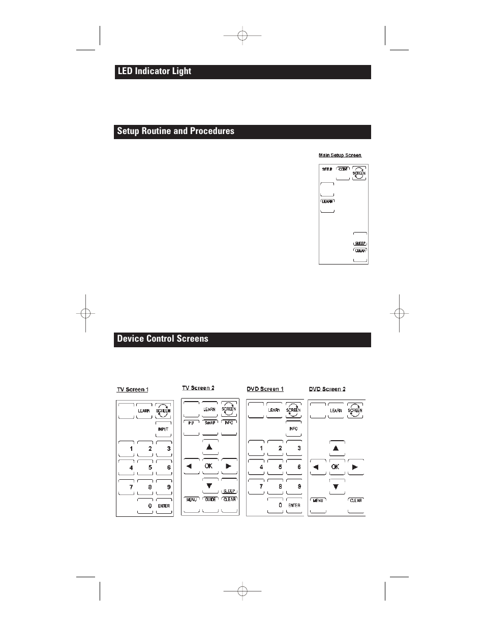 Led indicator light setup routine and procedures, Device control screens | GE RM24941 User Manual | Page 4 / 42