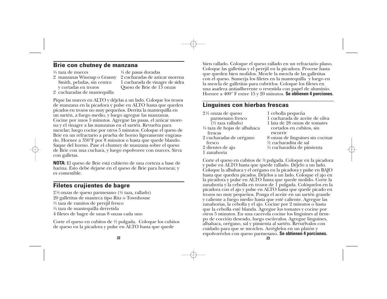 Linguines con hierbas frescas, Brie con chutney de manzana, Filetes crujientes de bagre | GE 106848 User Manual | Page 13 / 16