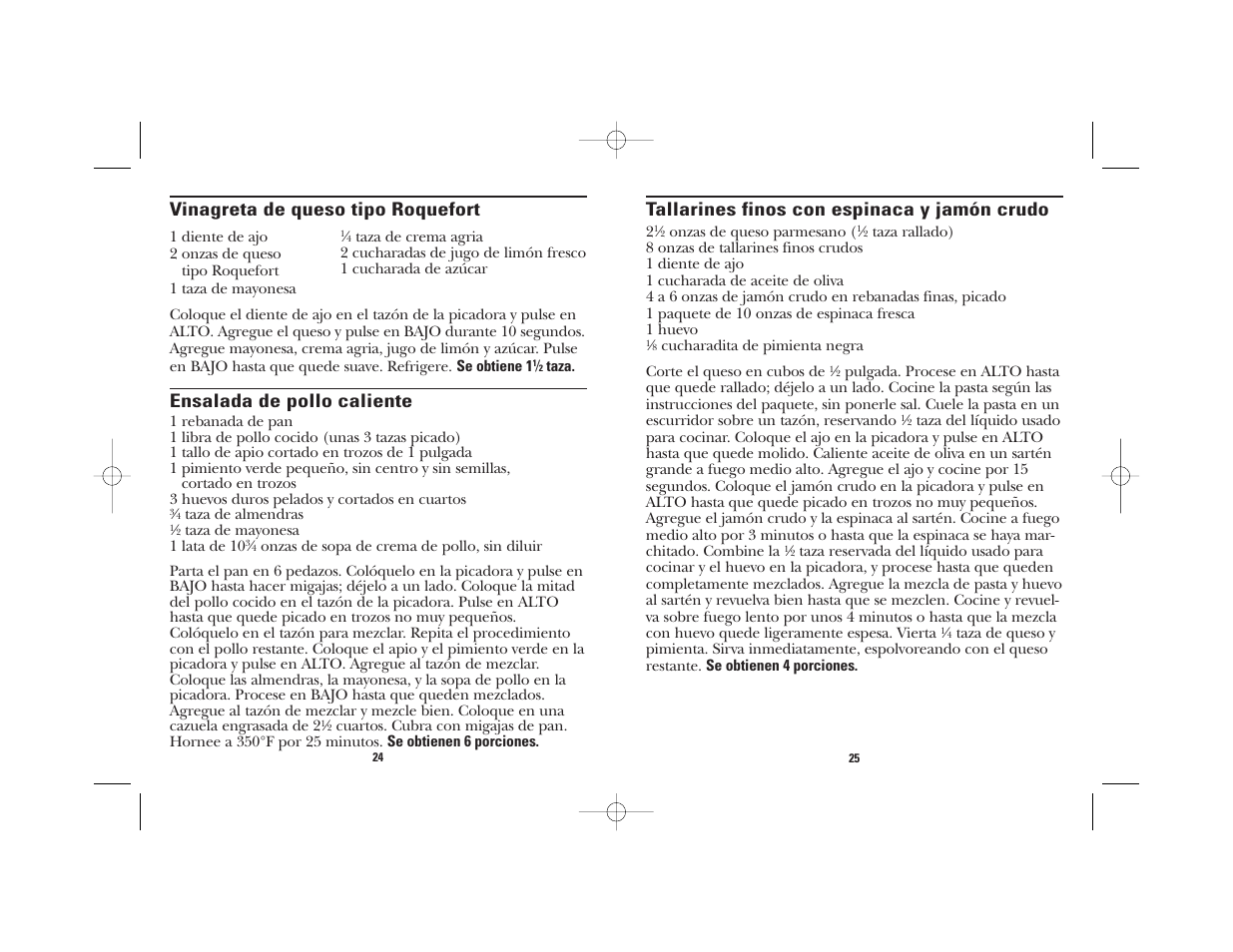 Tallarines finos con espinaca y jamón crudo, Ensalada de pollo caliente, Vinagreta de queso tipo roquefort | GE 106848 User Manual | Page 14 / 16