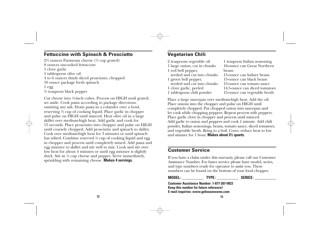 Vegetarian chili, Fettuccine with spinach & prosciutto, Customer service | GE 106848 User Manual | Page 7 / 16